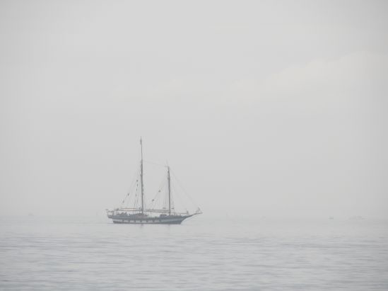 As we pedaled around Sandy Hook, this ship appeared through the mist. I thought it was an hallucination, but Pete seemed sure it was angry locals dressed like pirates, looking for something maraudable.
