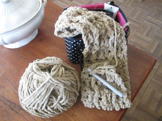 Planning is impossible, but I know later in the year, I'm going to need a metric buttload of scarves for a bunch of projects. Blanket yarn crochets up into scarves tickety-boo, because scarves are just blankets you stop stitching at an awkward moment.