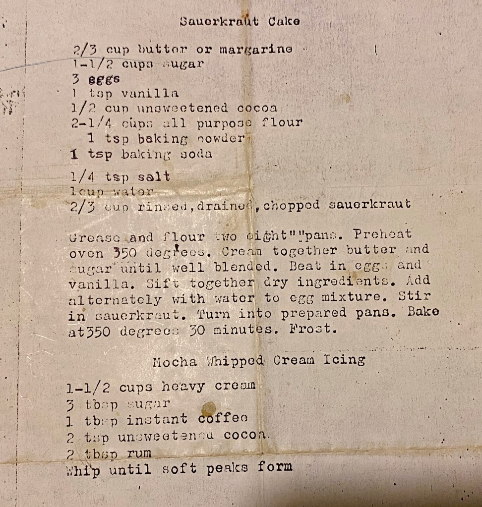 This is a terrible recipe for Sauerkraut Cake and we should all be ashamed.
